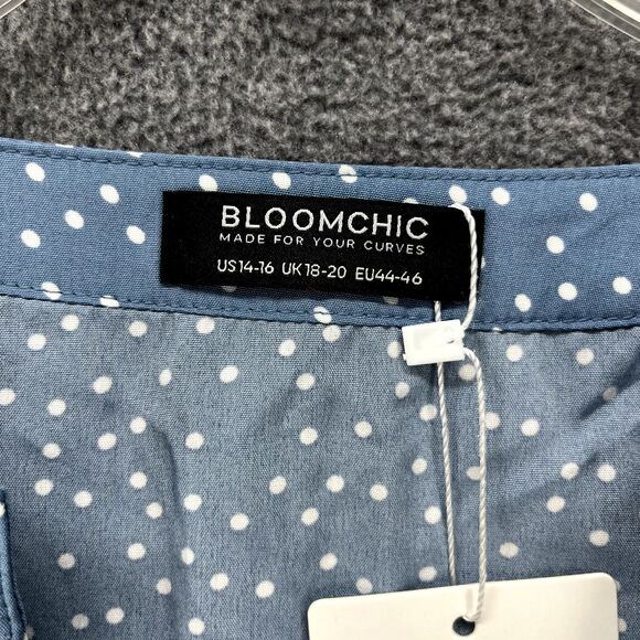 BLOOMCHIC Top Womens plus 1X 14 16 blue white polka dot short sleeve ruffle - Picture 9 of 14